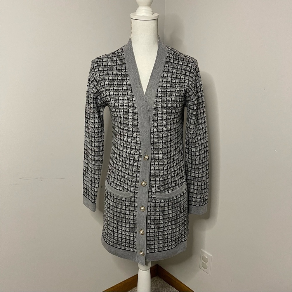 Talbots Pure Merino Wool Tweed Plaid Longline Cardigan Sweater Gray Black Petite